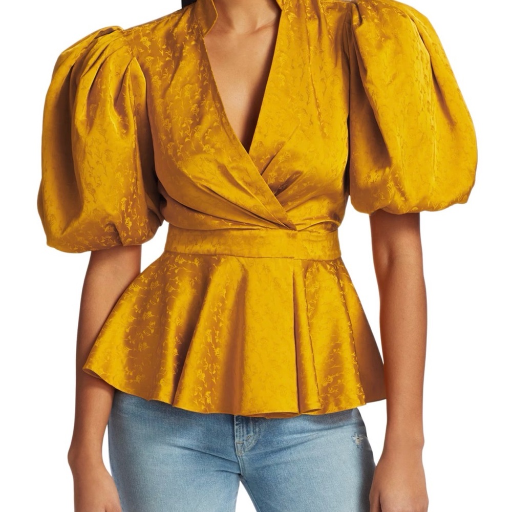 Johanna Ortiz Mustard Puff Sleeve Wrap Blouse